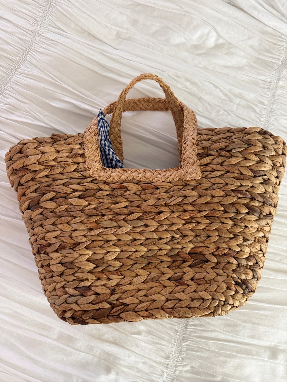 Draper James Reese Straw Tote Natural Woven Beach Bag Blue Gingham Lining NWT - Picture 6 of 10